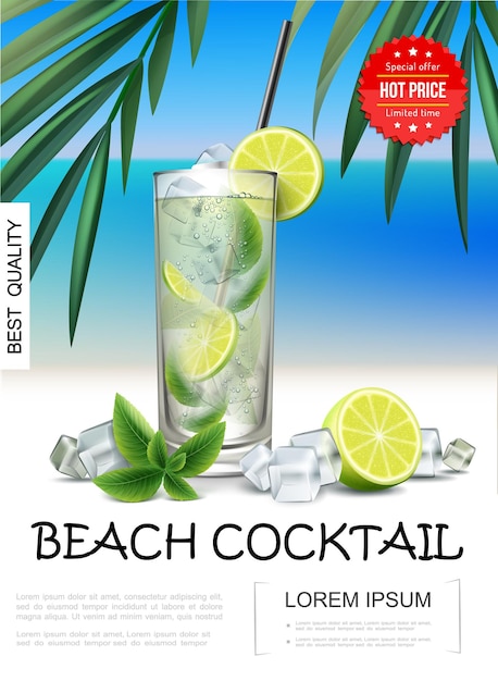 Реалистичный тропический пляжный коктейльный постер с ломтиками мохито лайма кубиками льда листьев мяты на морском пейзаже