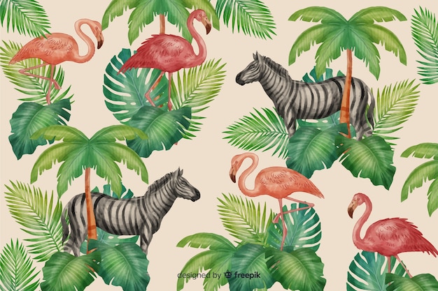 Free vector realistic tropical leaves and animals background