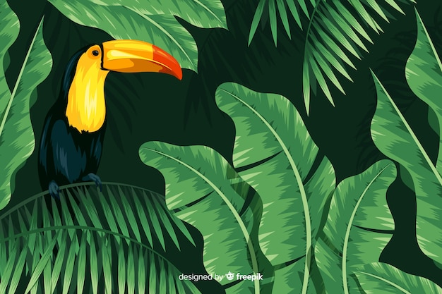 Реалистичные тропические листья и птицы фон
