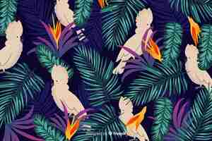 Free vector realistic tropical leaves and birds background