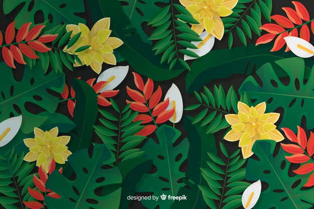 Realistic tropical leaves and flowers background