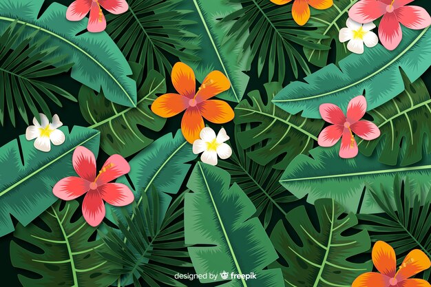 Realistic tropical leaves and flowers background