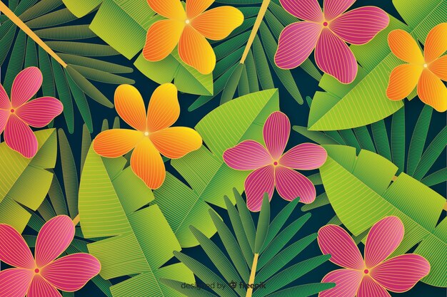Realistic tropical leaves and flowers background