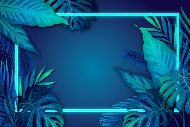 Realistic tropical leaves with neon frame with copy space
