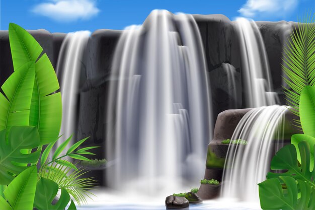 Realistic tropical waterfall with leaves illustration