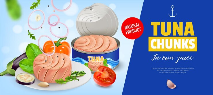Free Vector realistic tuna canned horizontal poster with tuna chunks in own juice headline and natural product description vector illustration