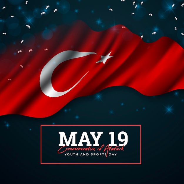 Free vector realistic turkish commemoration of ataturk, youth and sports day illustration