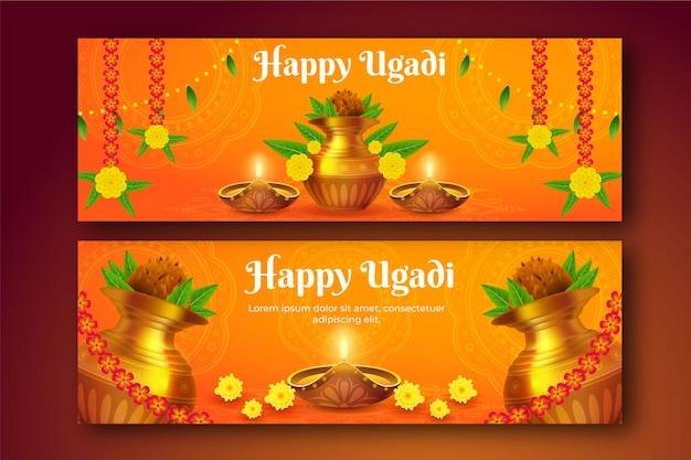 Realistic ugadi horizontal banners set