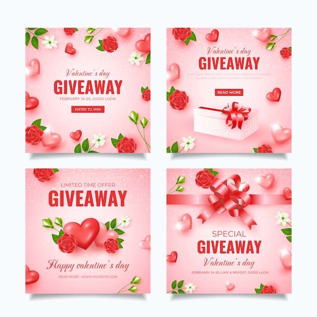 Free vector realistic valentine's day giveaway instagram posts collection