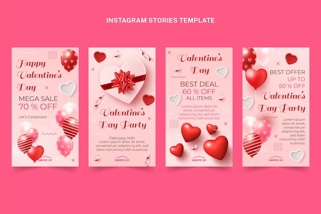 Vettore gratuito raccolta realistica di storie di instagram di san valentino