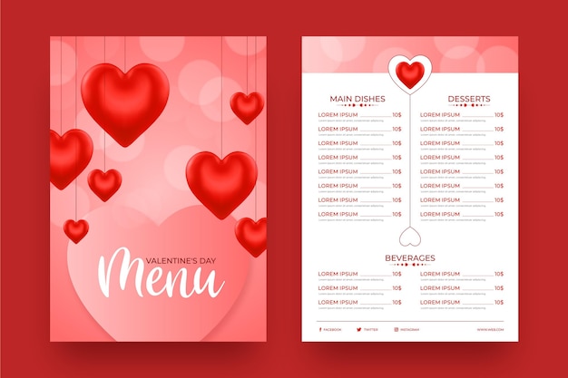 Modello di menu realistico di san valentino