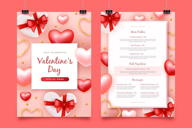 Free vector realistic valentine's day menu template