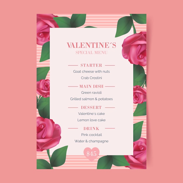 Modello di menu realistico di san valentino