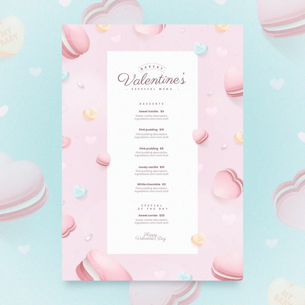Free vector realistic valentine's day menu template