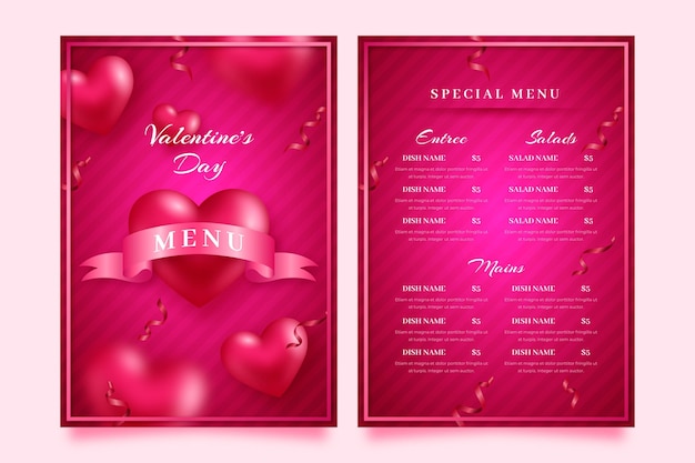 Modello di menu realistico di san valentino