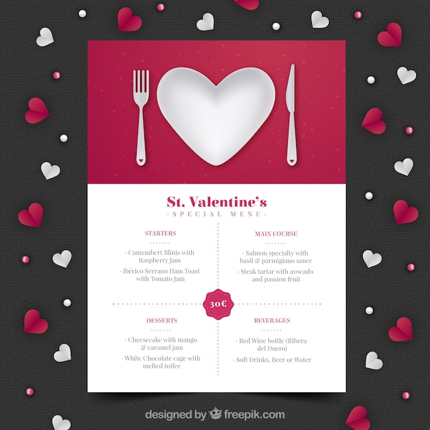 Vettore gratuito menu di san valentino realistico