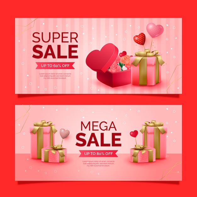 Free vector realistic valentine's day sale horizontal banners set