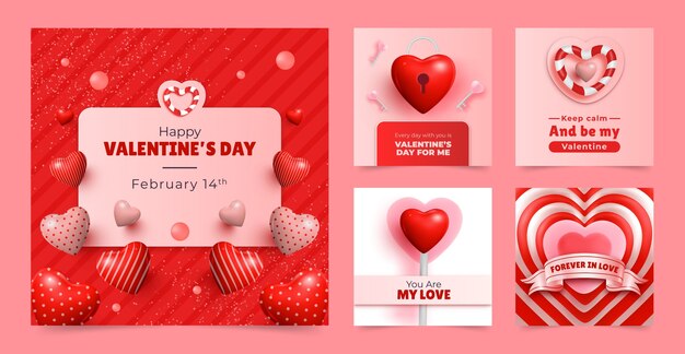 Realistic valentines day celebration instagram posts collection