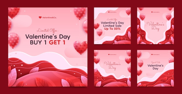 Vettore gratuito raccolta realistica di post di instagram per san valentino