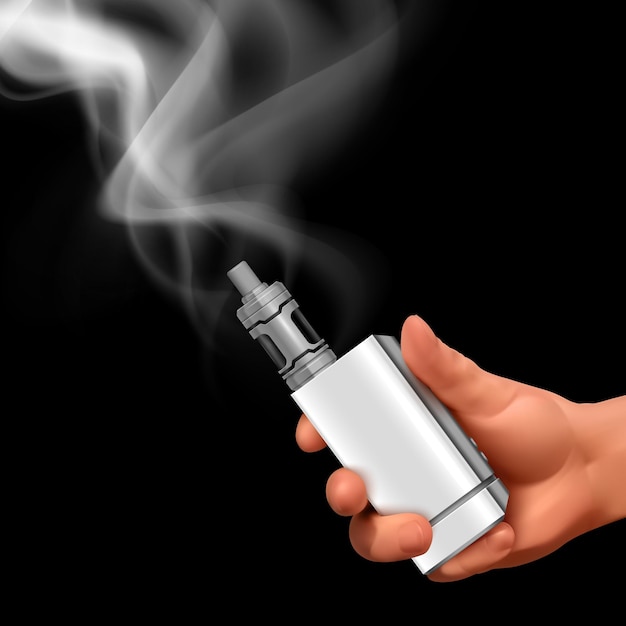 Free vector realistic vape composition with human hand holding vaping device with smoke puff image on black background vector illustration