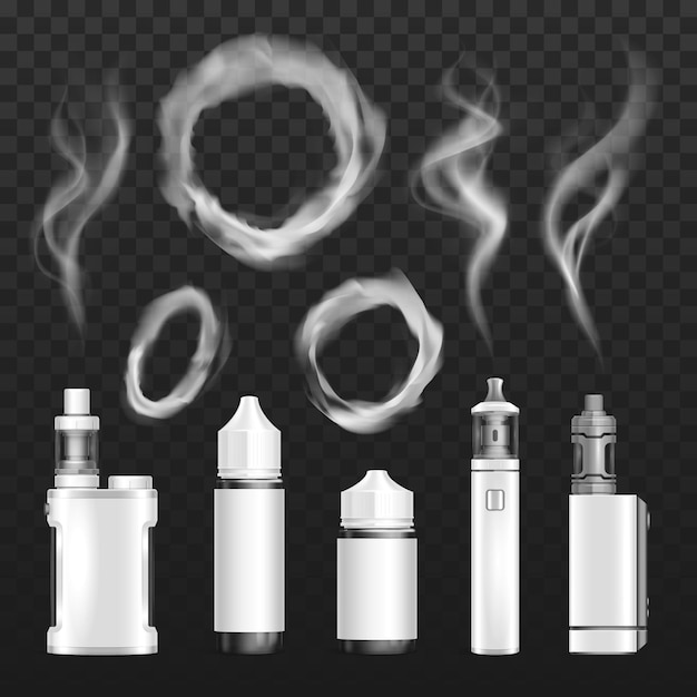 Vettore gratuito anelli di fumo di vape realistici set di icone isolate con sbuffi di fumo bianchi e dispositivi di fumo usa e getta illustrazione vettoriale