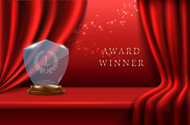 Vettore gratuito sfondo vettoriale realistico sfondo del vincitore della nomination del premio con trofeo di vetro con alloro sul palco con drappeggi di velluto rosso