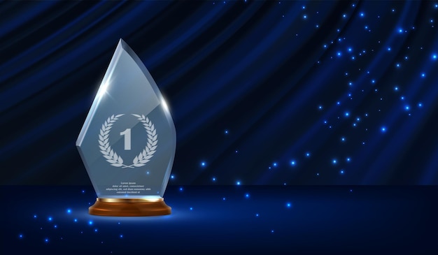 realistic vector background gLass trophy with laurel on blue wavy background Winner nomination celebration