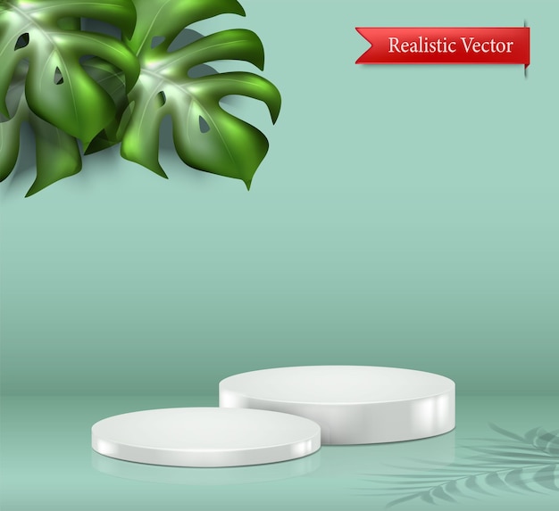 realistic vector background Product display white podium cosmetic product showcase with tropical leaves