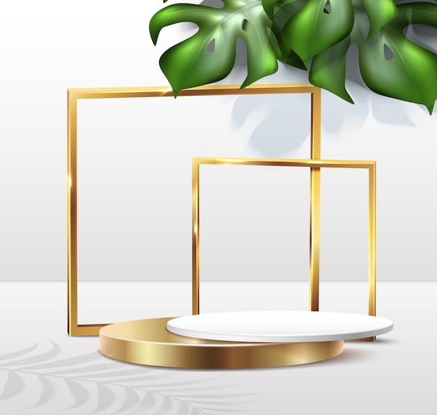 無料ベクター 現実的なベクトルの背景テンプレート化粧品と製品は、現実的な熱帯の葉で金の表彰台を表示します