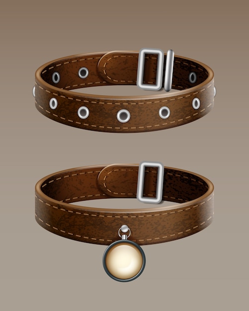 Realistic vector brown leather dog collar for pets isolated on gradient background