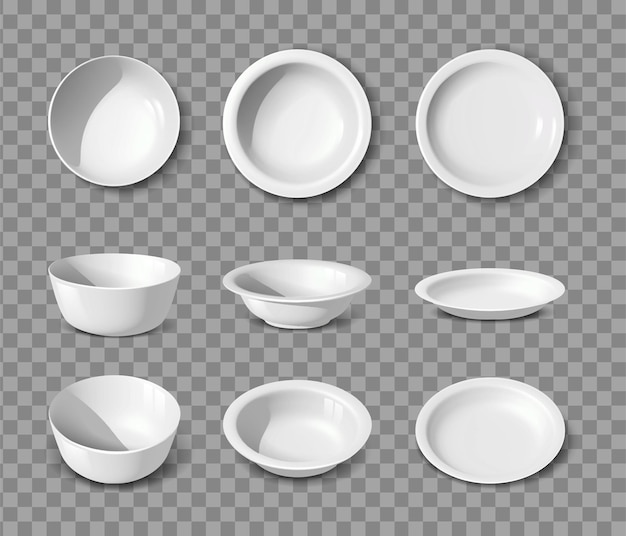 Realistic vector collection white porcelain set of dishes plates and bowls in side front and top view