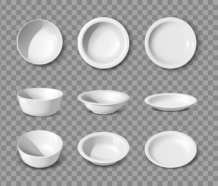 Free Vector realistic vector collection white porcelain set of dishes plates and bowls in side front and top view