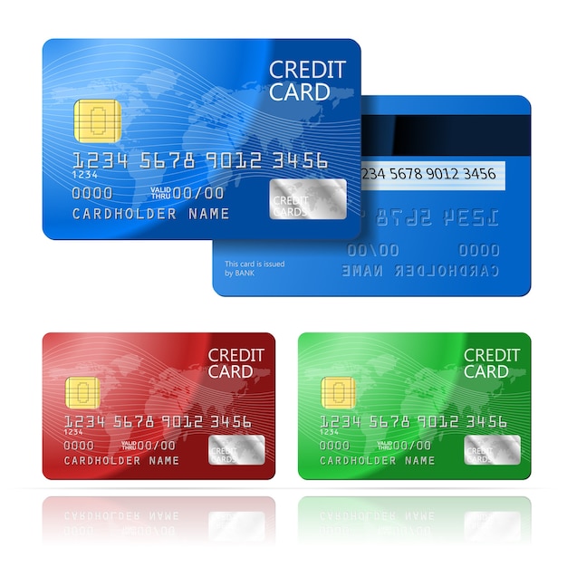 Carta di credito realistica di vettore due lati, blu, verde, rosso