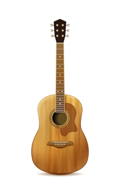 реалистичная векторная икона. Акустическая деревянная гитара. Изолированные на белом фоне.