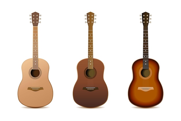 Free vector realistic vector icon. collection of acoustic dark wooden guitars.