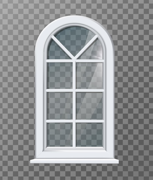 Realistic vector icon illustration old mansion white plastic arch frame window with transparent