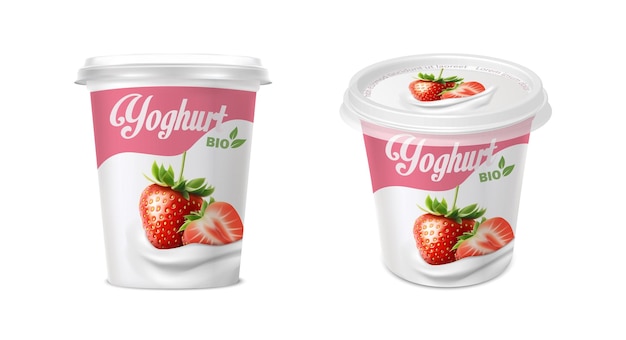 realistic vector icon illustration set Creamy yogurt container for packaging Strawberry Greek Y
