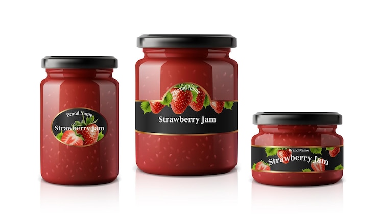 Free Vector realistic vector icon illustration set of different glass jars with strawberry jam labels isola