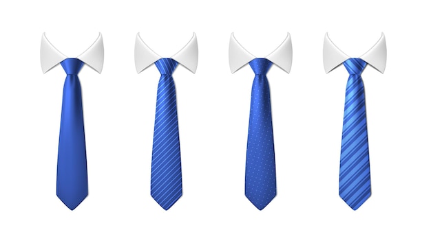 Vettore gratuito set di illustrazioni di icone vettoriali realistiche cravatta blu al collo con colletto bianco con patta a strisce diverse