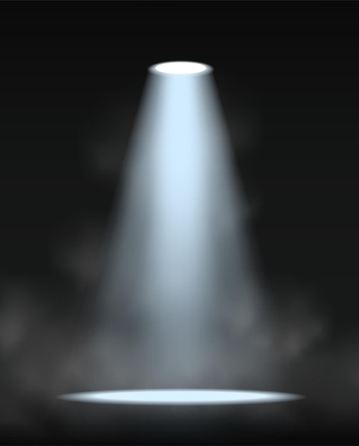 Free vector realistic vector icon illustration stage spotlight lamp with cloud and fog on dark background