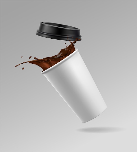 無料ベクター リアルなベクトルアイコンのイラスト 白い紙のコーヒーカップにコーヒーのスプラッシュ
