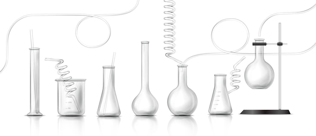 免费矢量现实图标。实验室设备,实验室玻璃器皿。科学和生物学教育的概念。