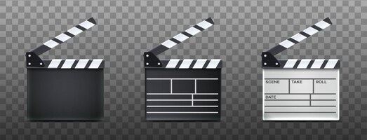 Vettore gratuito icona vettore realistico. apri il ciak del film in bianco e nero. su sfondo trasparente.