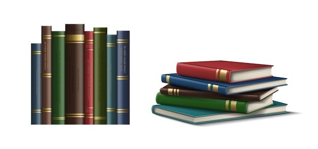 реалистичный набор векторных значков Обложки книг в ряд и стопка книг на поверхности Изолированный на бе