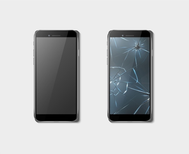 реалистичный набор векторных иконок Сломанный экран на телефоне и весь телефон Смартфон нуждается в ремонте Изолированный на белом фоне