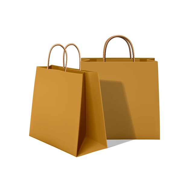 realistic vector icon set Brown carton paper bag with handles isolated on white background