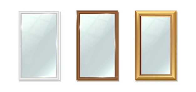 Realistic vector icon set collection of ectangular vertical big mirrors reflection surface in silver wooden golden frame interior design furniture