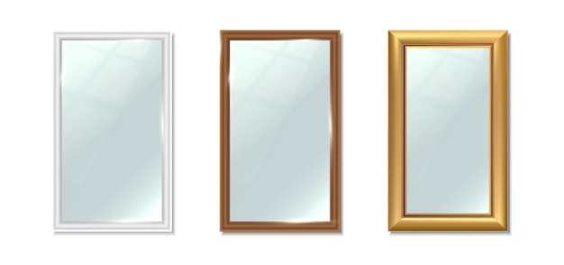 現実的なベクトルアイコンセット長方形の垂直の大きな鏡のコレクション銀色の木製の金色のフレームの反射面インテリアデザインの家具