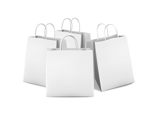 현실적인 벡터 아이콘 세트 흰색 배경에 고립 된 흰색 쇼핑 종이 가방 컬렉션