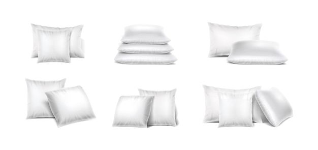 無料ベクター 現実的なベクトルアイコンセット異なる方向に積み重ねられた白い枕のコレクションモックアップアイコン